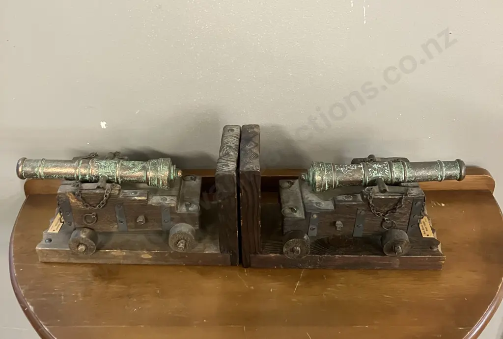 Vintage Copper & Wood Cannon Bookends "Real Marina Espanola Siglo XVIII" H4.5 W48 D9.5cm Image 1++