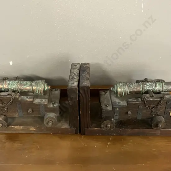 Vintage Copper & Wood Cannon Bookends "Real Marina Espanola Siglo XVIII" H4.5 W48 D9.5cm