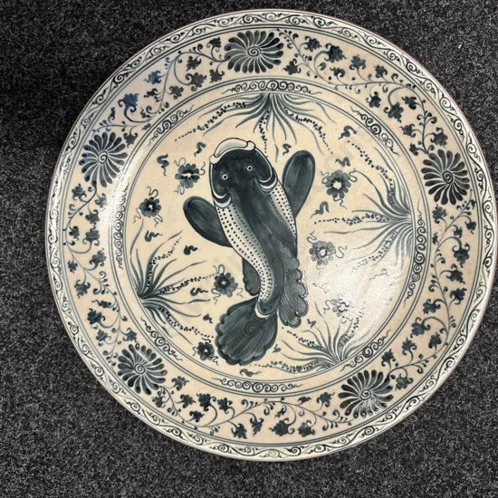 Large Glazed Pottery Bowl Blue & White Fish Detail Dia46cm.