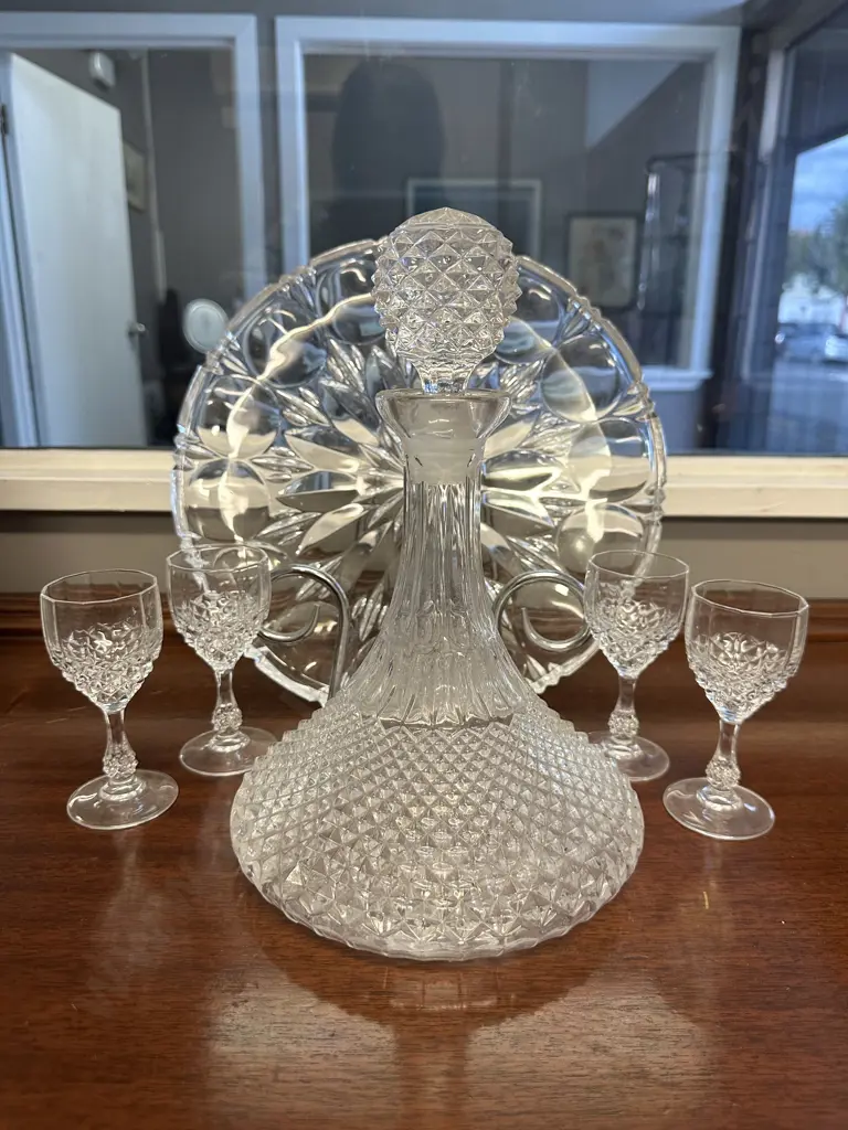   Vintage Glass Decanter, Sherry Glasses & Round Glass Serving Platter Image 1++