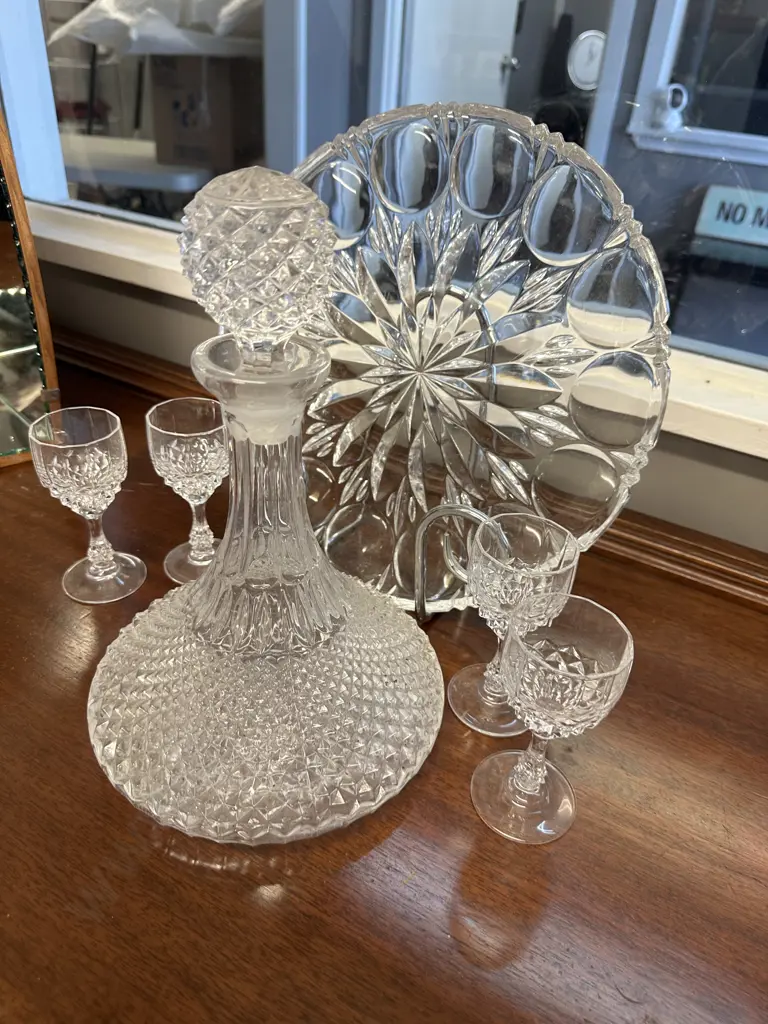   Vintage Glass Decanter, Sherry Glasses & Round Glass Serving Platter Image 1++