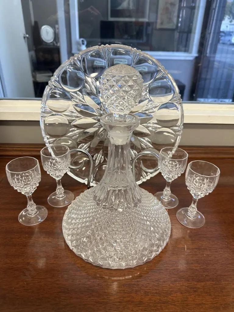   Vintage Glass Decanter, Sherry Glasses & Round Glass Serving Platter Image 1++