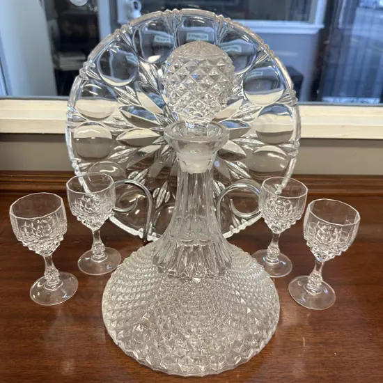   Vintage Glass Decanter, Sherry Glasses & Round Glass Serving Platter