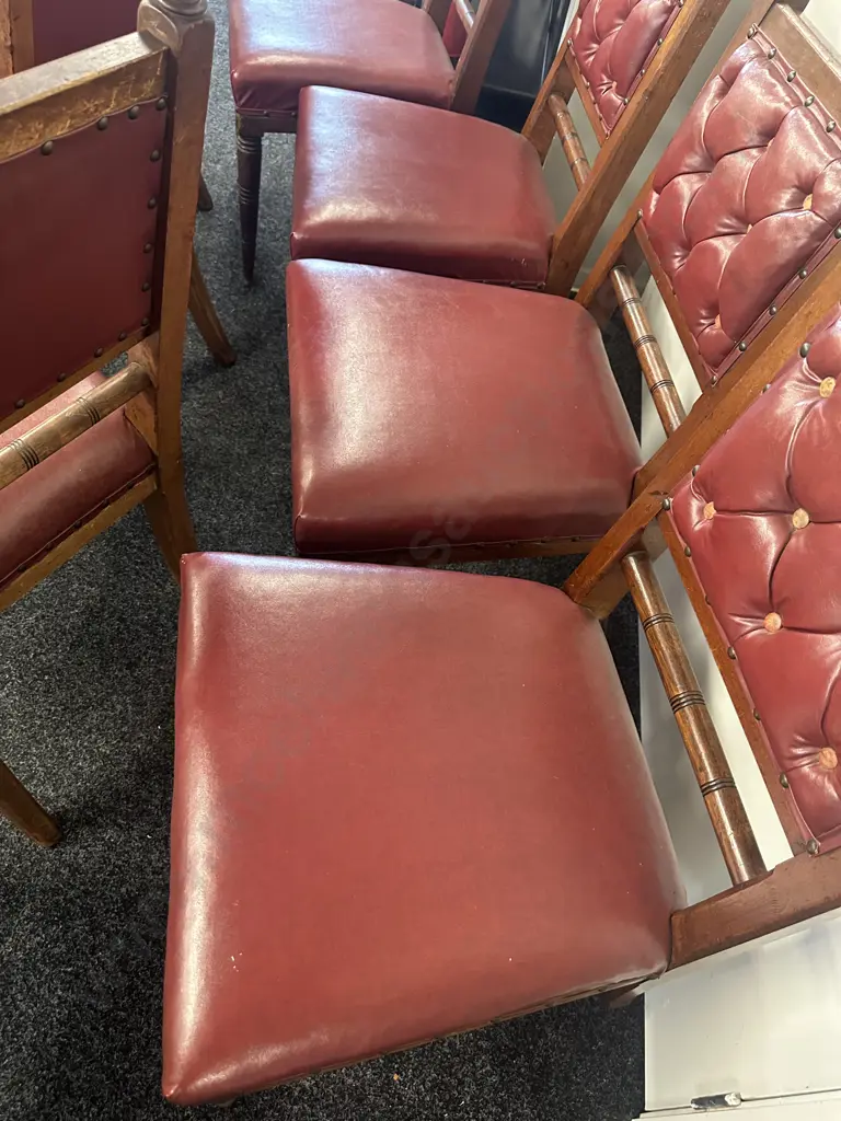 Set Of Eight Antique Oak Burgundy Leather Button Back Chairs Image 1++