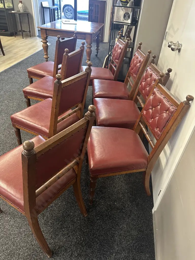 Set Of Eight Antique Oak Burgundy Leather Button Back Chairs Image 1++