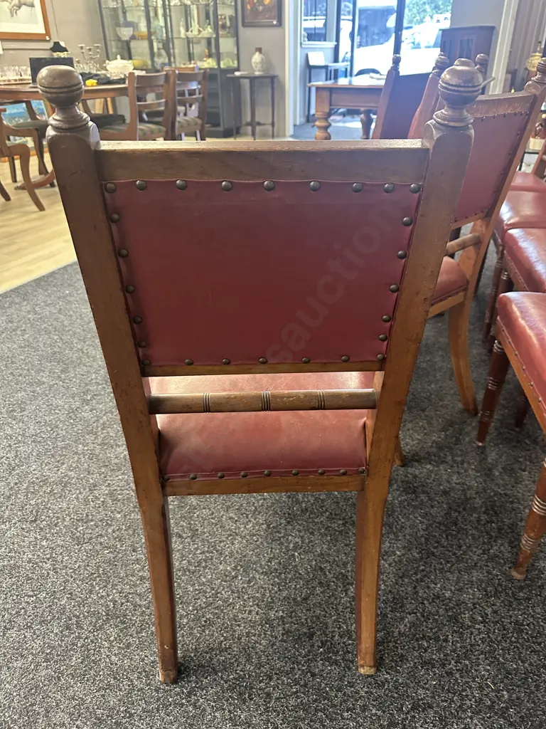 Set Of Eight Antique Oak Burgundy Leather Button Back Chairs Image 1++