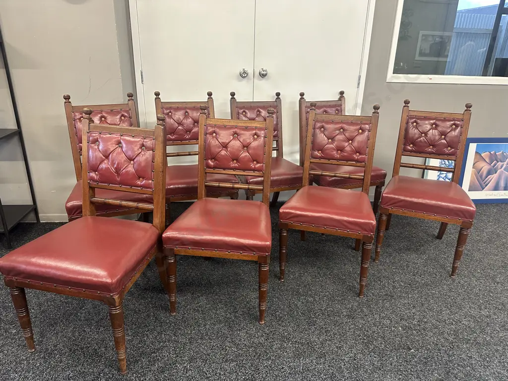 Set Of Eight Antique Oak Burgundy Leather Button Back Chairs Image 1++
