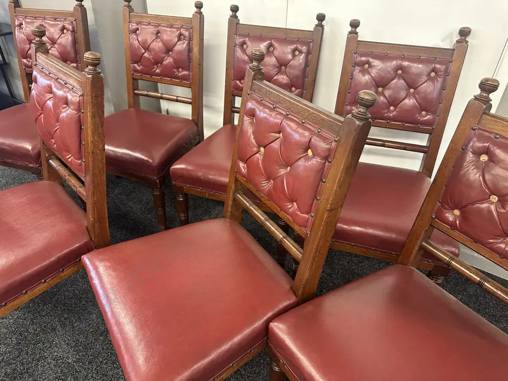 Set Of Eight Antique Oak Burgundy Leather Button Back Chairs Image 1++