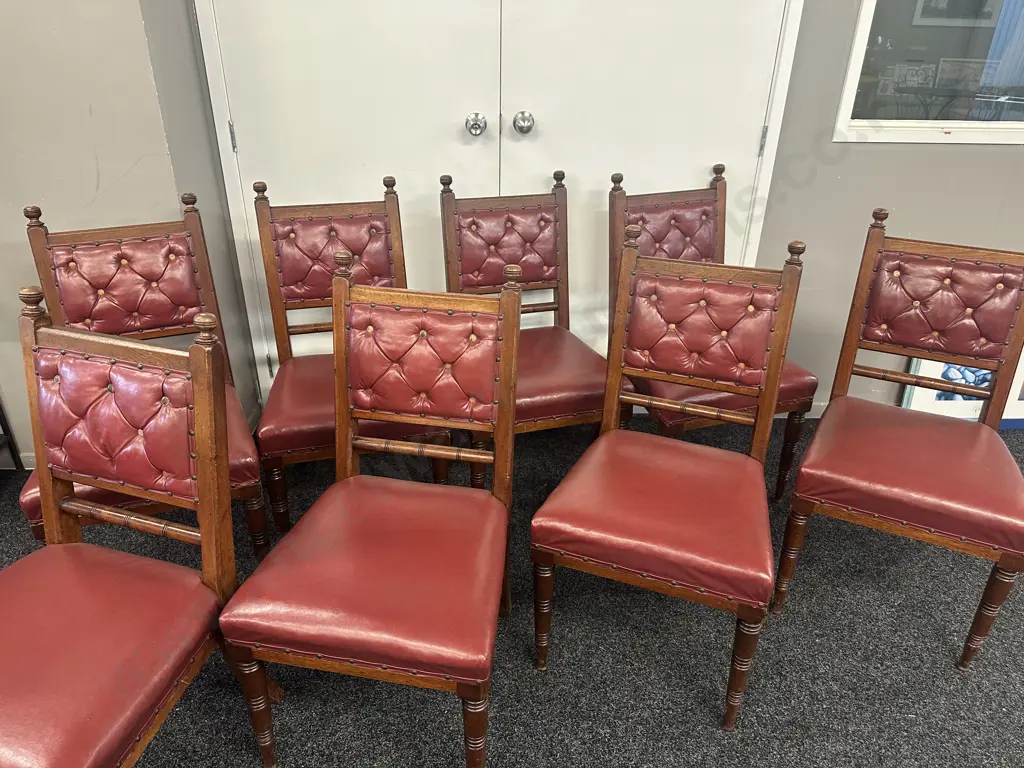Set Of Eight Antique Oak Burgundy Leather Button Back Chairs Image 1++
