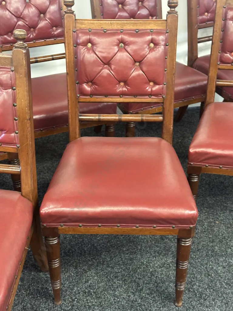 Set Of Eight Antique Oak Burgundy Leather Button Back Chairs Image 1++