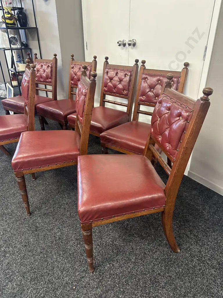 Set Of Eight Antique Oak Burgundy Leather Button Back Chairs Image 1++