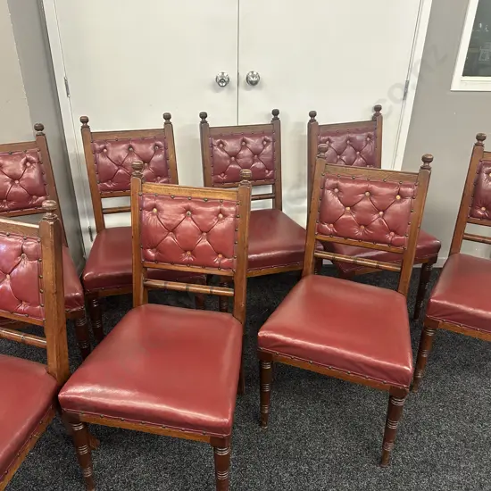 Set Of Eight Antique Oak Burgundy Leather Button Back Chairs