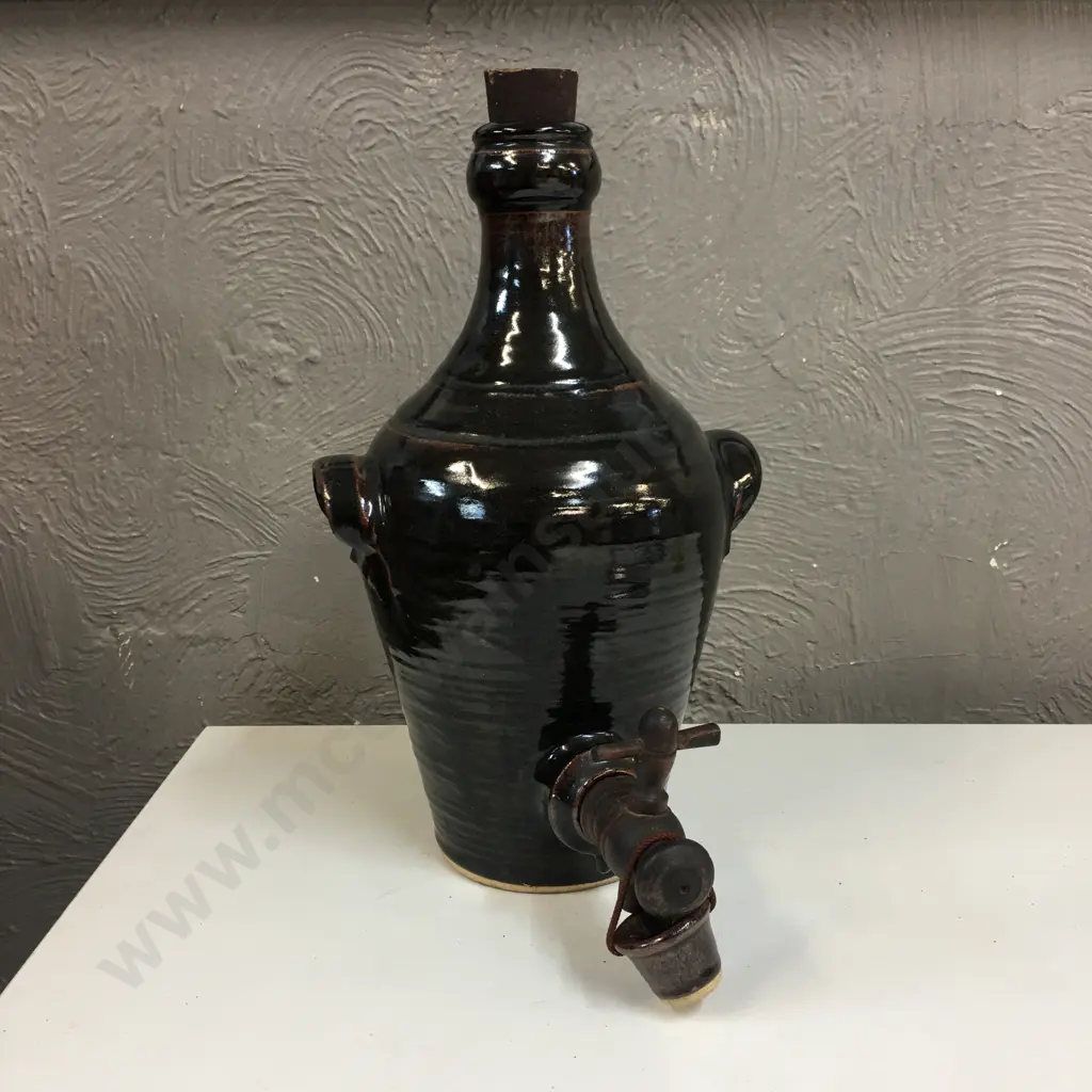 Vintage Glazed Brown Pottery Liquor Decanter With Wooden Tap & Cork H38cm. Image 1++
