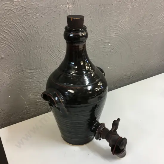 Vintage Glazed Brown Pottery Liquor Decanter With Wooden Tap & Cork H38cm.
