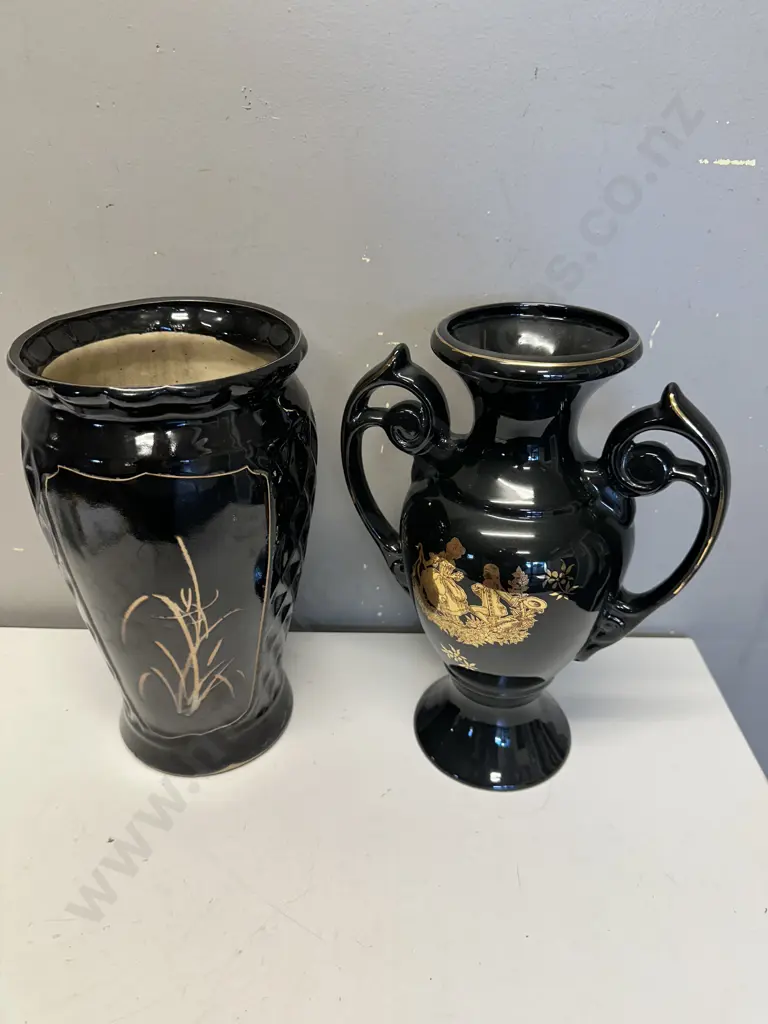 Black Vase With Bamboo Detail H31cm & Black & Gilt Detail Double Handled Vase H32cm. Image 1++