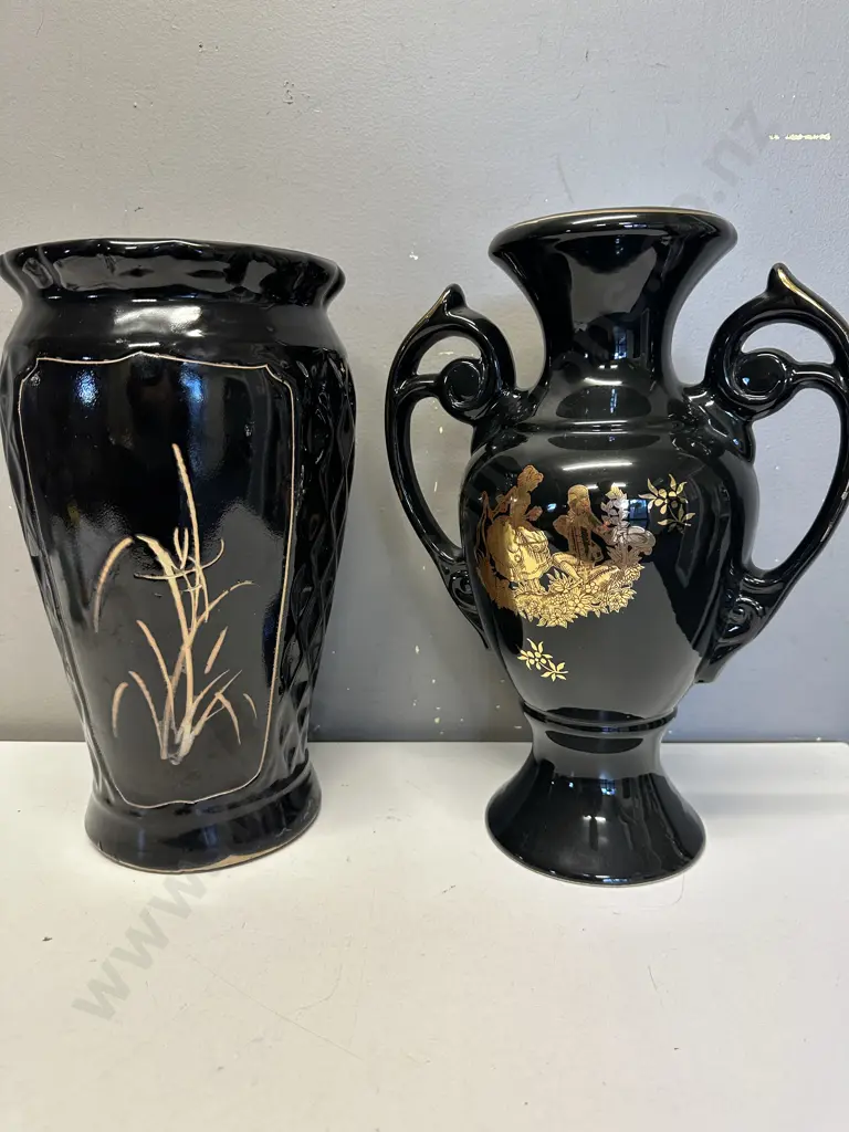 Black Vase With Bamboo Detail H31cm & Black & Gilt Detail Double Handled Vase H32cm. Image 1++