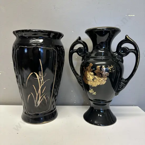 Black Vase With Bamboo Detail H31cm & Black & Gilt Detail Double Handled Vase H32cm.