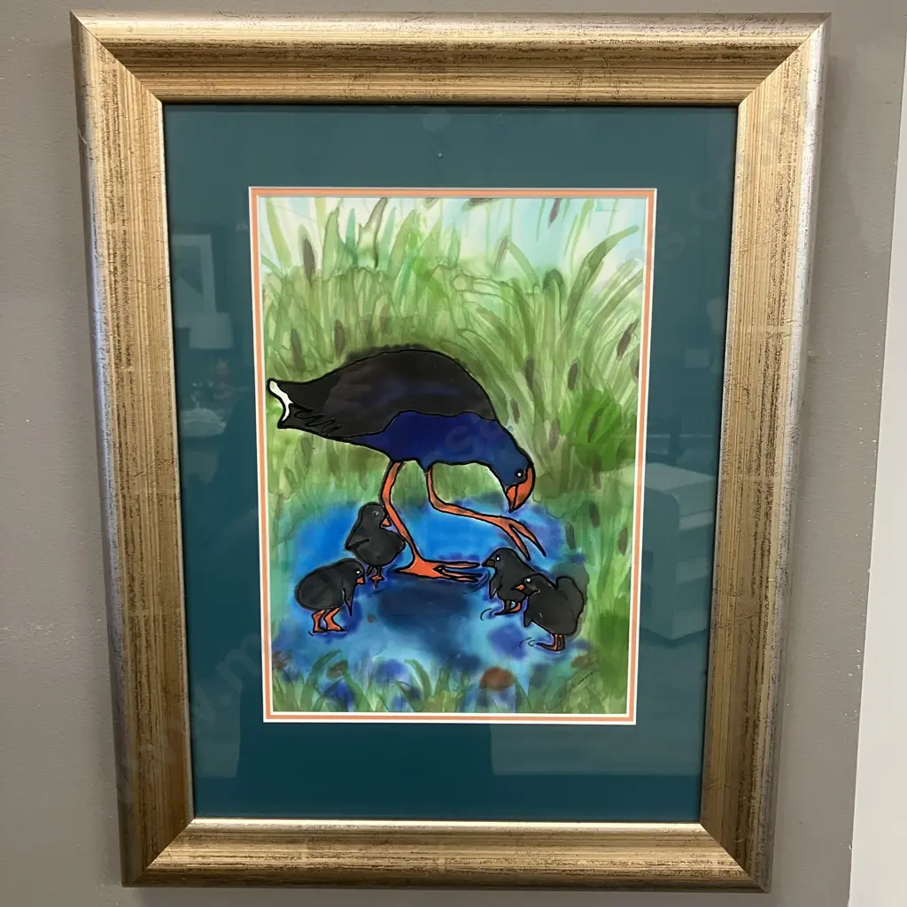 "Pukekos" By Marolyn Turner - Dye On Silk, Framed. 48 x 38cm Image 1++