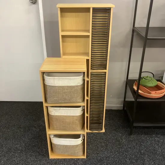 Wood Effect 3 Tier Shelf With Basket Storage. H80 W30 D24cm & CD/DVD Storage Rack. H115.5 W40 D15cm