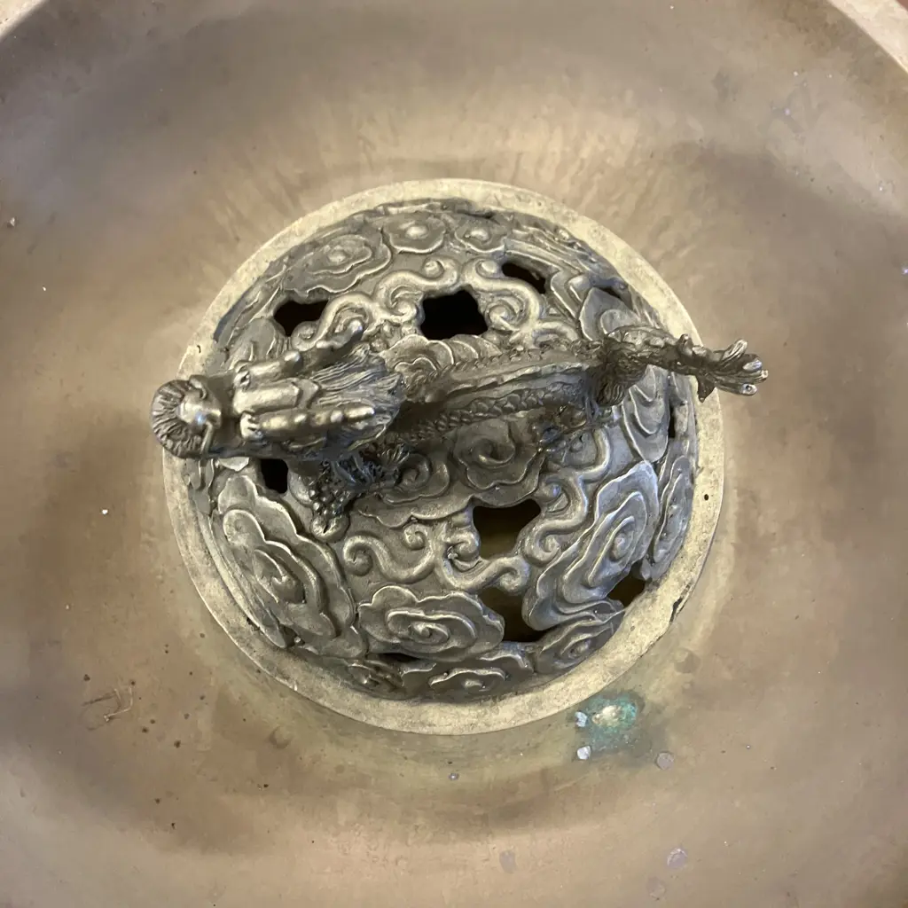 Vintage Chinese Bronze Hot Pot With Dragon Lid. 23 x 52cm Image 1++