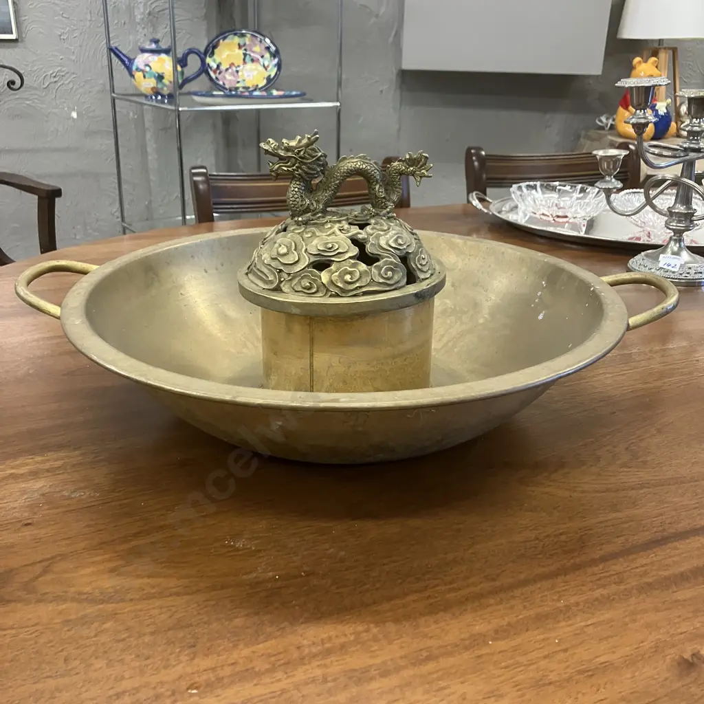 Vintage Chinese Bronze Hot Pot With Dragon Lid. 23 x 52cm Image 1++