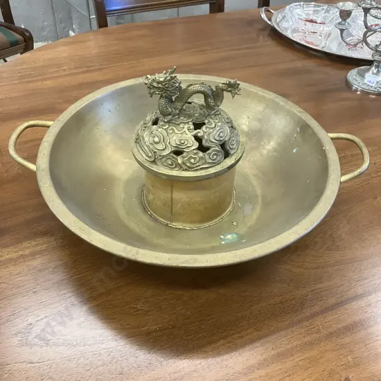 Vintage Chinese Bronze Hot Pot With Dragon Lid. 23 x 52cm
