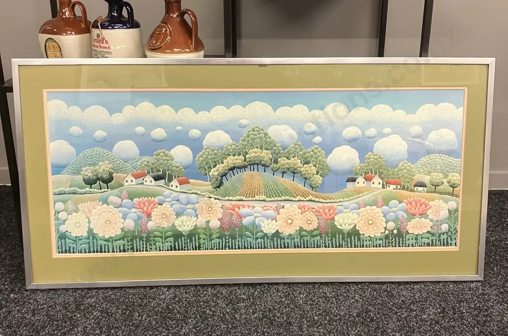 Ivan Rabuzin "Naive Painter" Framed Art Print Village & Flowers With Spherical Clouds 1979. 48 x 99cm Image 1++