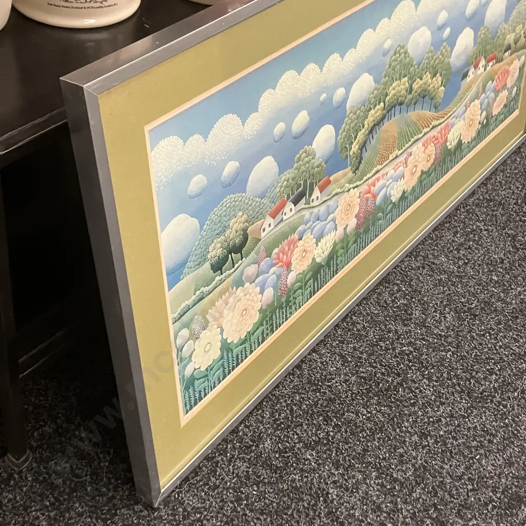 Ivan Rabuzin "Naive Painter" Framed Art Print Village & Flowers With Spherical Clouds 1979. 48 x 99cm Image 1++