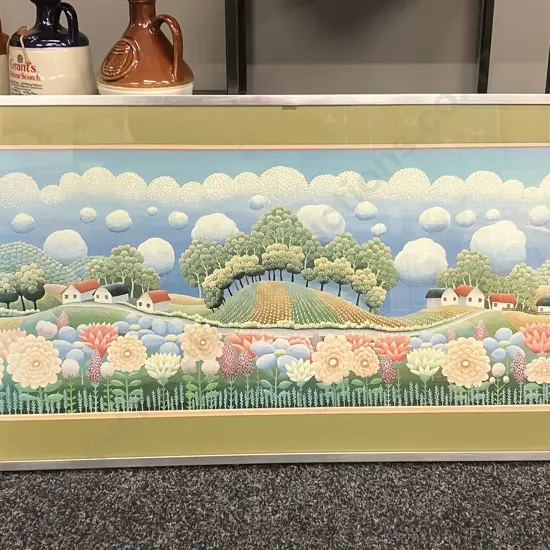 Ivan Rabuzin "Naive Painter" Framed Art Print Village & Flowers With Spherical Clouds 1979. 48 x 99cm