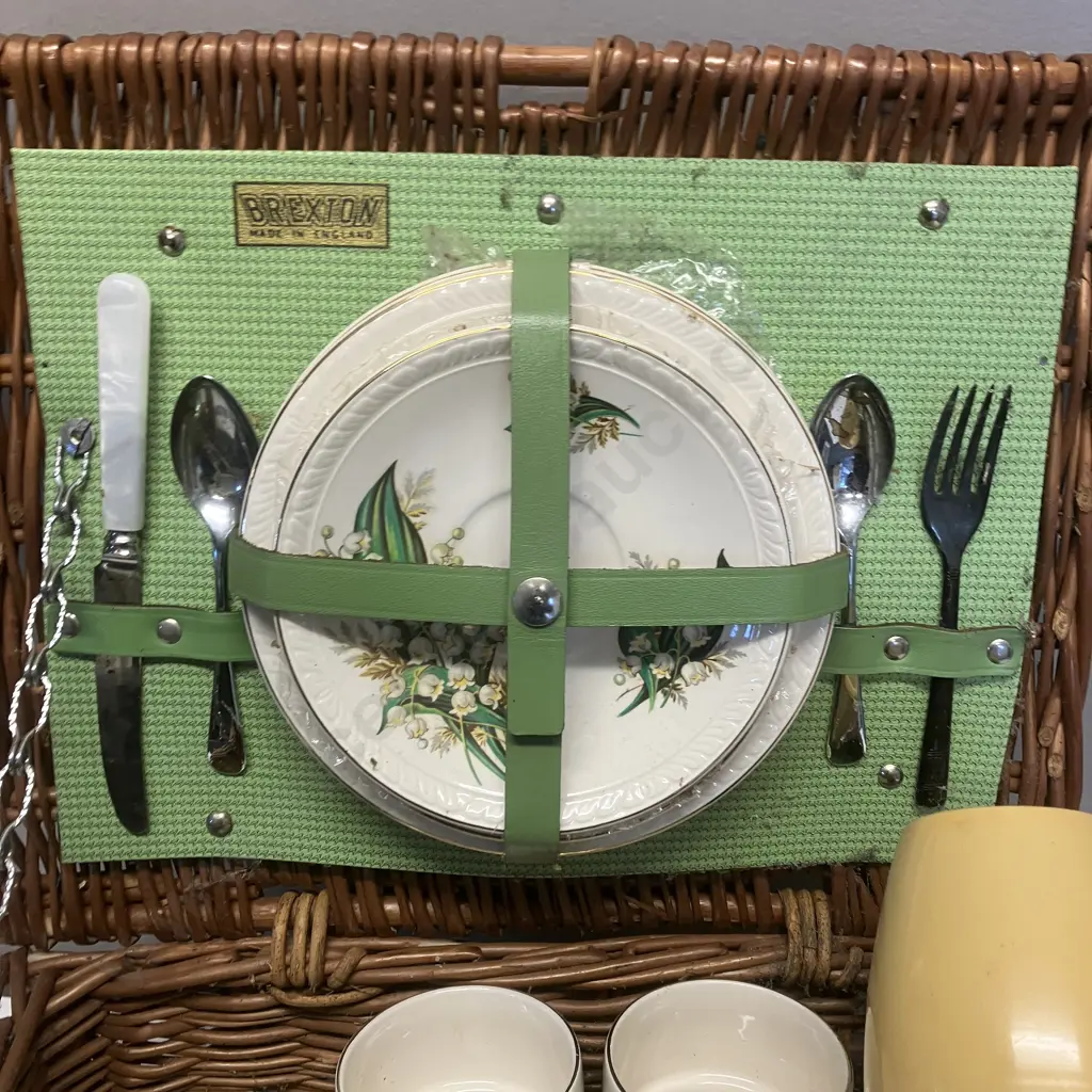Vintage 1960s Brexton Wicker Picnic Hamper - Cup Marked #7962 (1 Cup Has Broken Handle) With Thermos, Made In England Image 1++