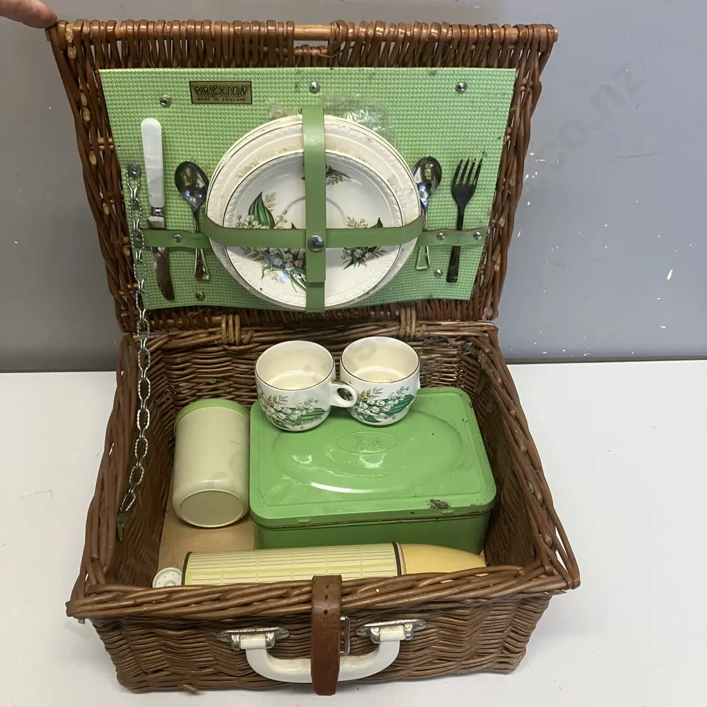 Vintage 1960s Brexton Wicker Picnic Hamper - Cup Marked #7962 (1 Cup Has Broken Handle) With Thermos, Made In England Image 1++