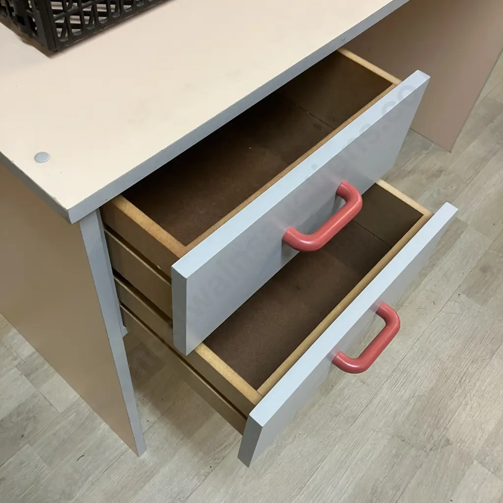 Apricot & Grey Toned 2 Drawer Desk. H72 W120 D60cm. Includes A Black Document Tray Image 1++