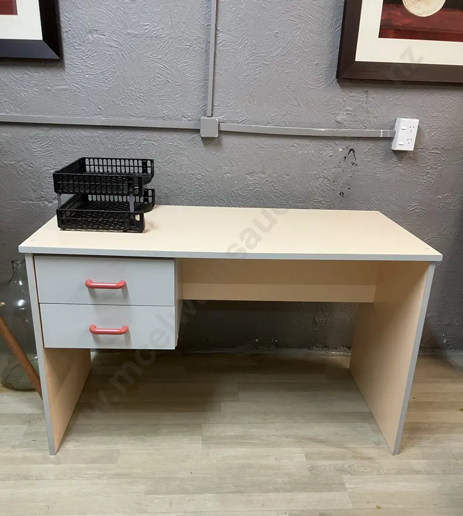 Apricot & Grey Toned 2 Drawer Desk. H72 W120 D60cm. Includes A Black Document Tray Image 1++