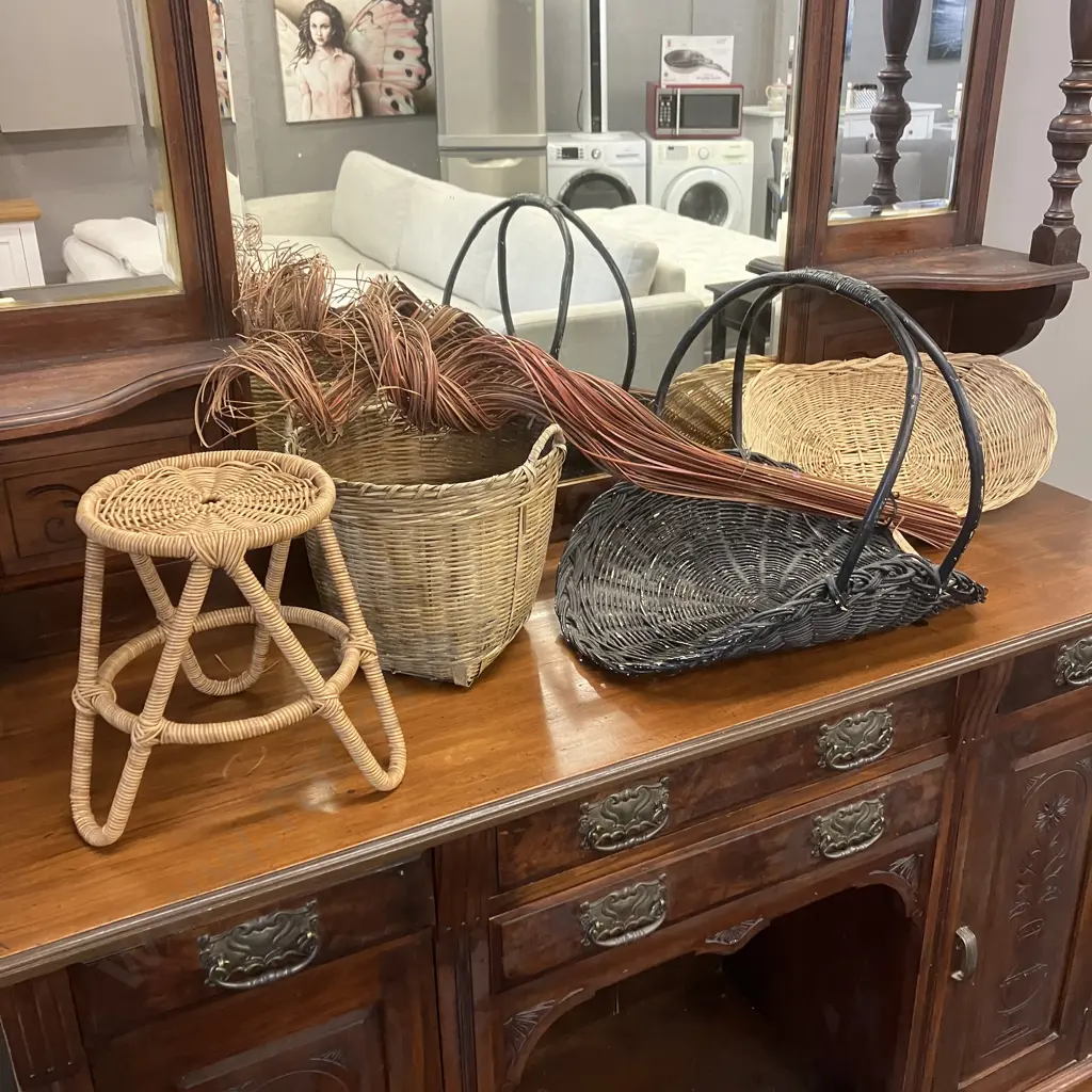 Assorted Cane Items, Baskets, Stool, Decorative Twigs Image 1++