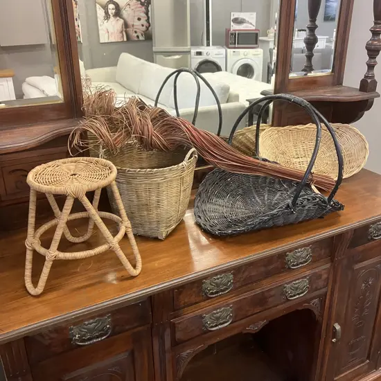 Assorted Cane Items, Baskets, Stool, Decorative Twigs