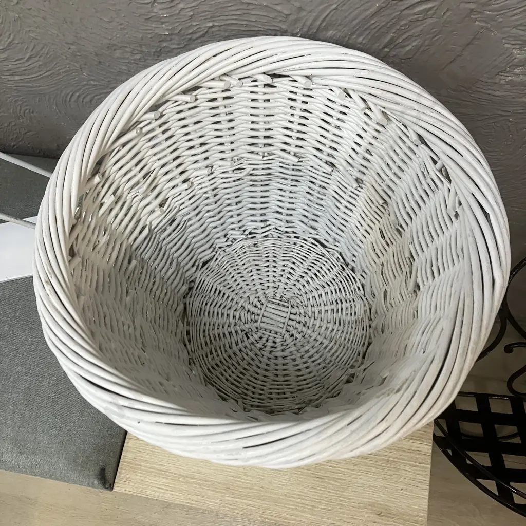 Metal Triangle Shelf Painted White 53 x 60cm & White Cane Basket Image 1++