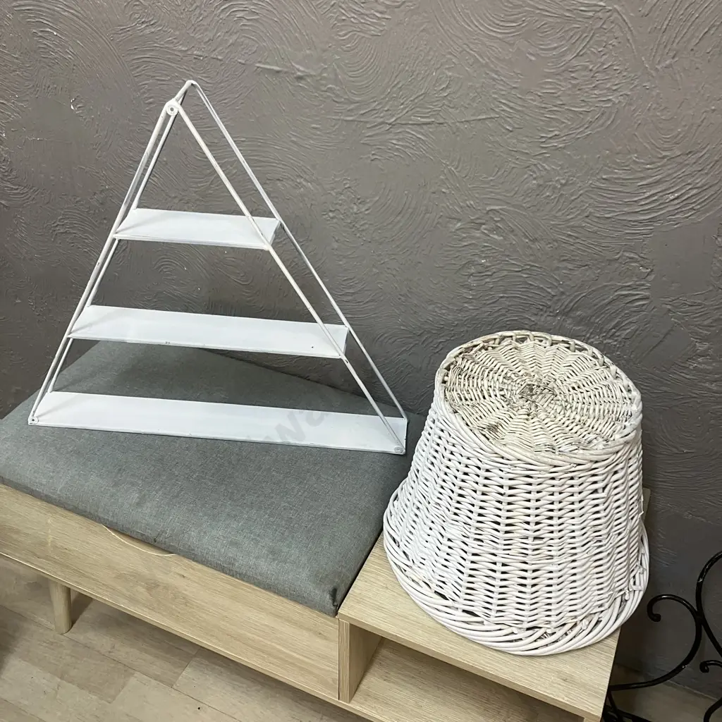 Metal Triangle Shelf Painted White 53 x 60cm & White Cane Basket Image 1++