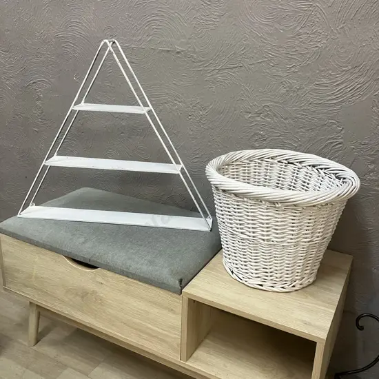 Metal Triangle Shelf Painted White 53 x 60cm & White Cane Basket