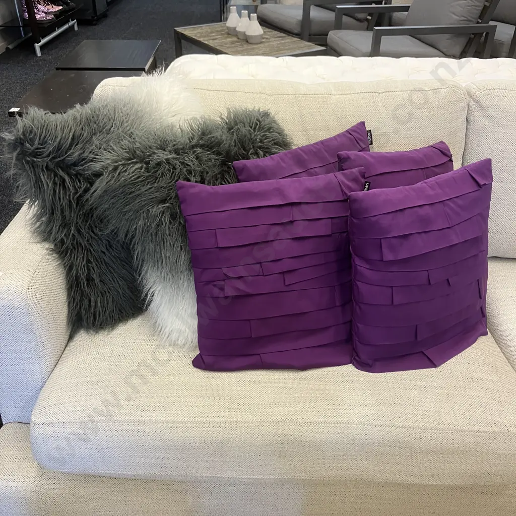 Set of Four Purple Mulberi Cushions & Pair of Grey & White Long Haired Cushions Image 1++