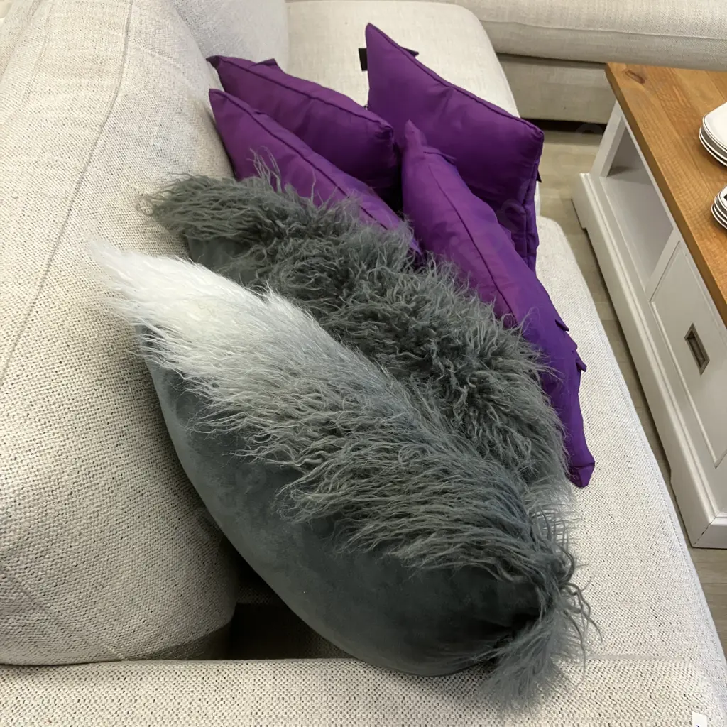 Set of Four Purple Mulberi Cushions & Pair of Grey & White Long Haired Cushions Image 1++
