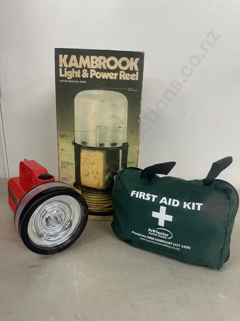 Arlec White Pointer LED Torch, Kambrook Light & Power Reel, First Aid Kit Image 1++