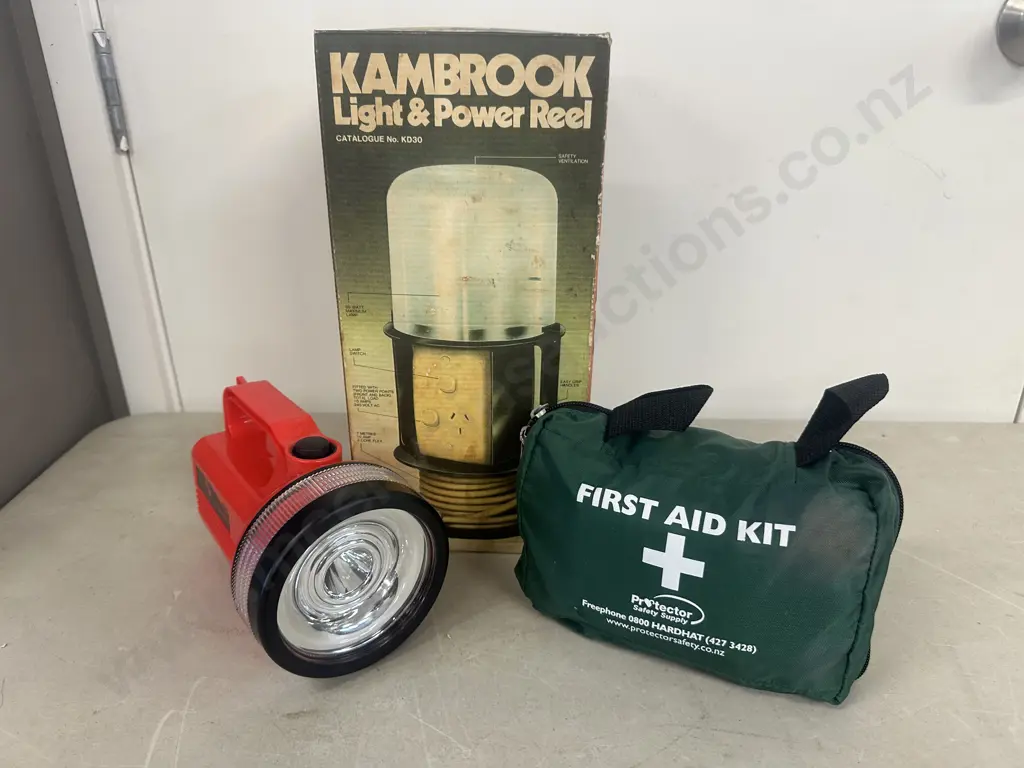 Arlec White Pointer LED Torch, Kambrook Light & Power Reel, First Aid Kit Image 1++