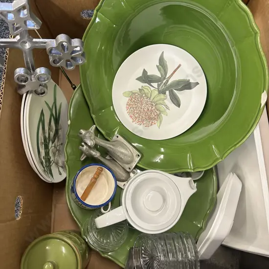 Assorted Box Lot Of Serving Ware Including French Country (af), Teapot, Glass Coasters Etc