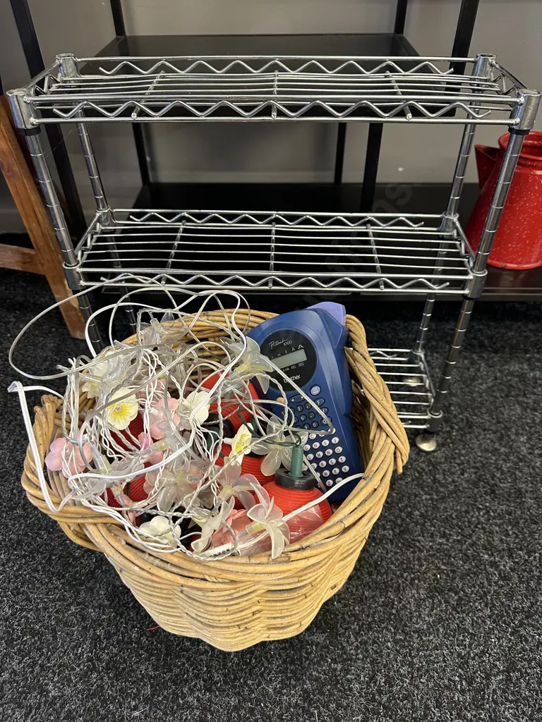 Small Chrome Three Tier Shelf H47, W46,D15cm. Cane Basket With Assorted Items Image 1++
