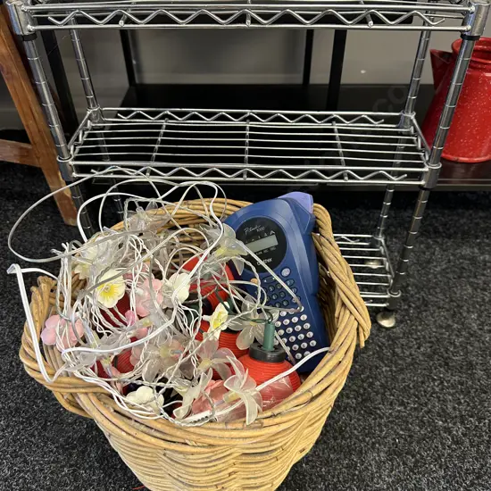 Small Chrome Three Tier Shelf H47, W46,D15cm. Cane Basket With Assorted Items