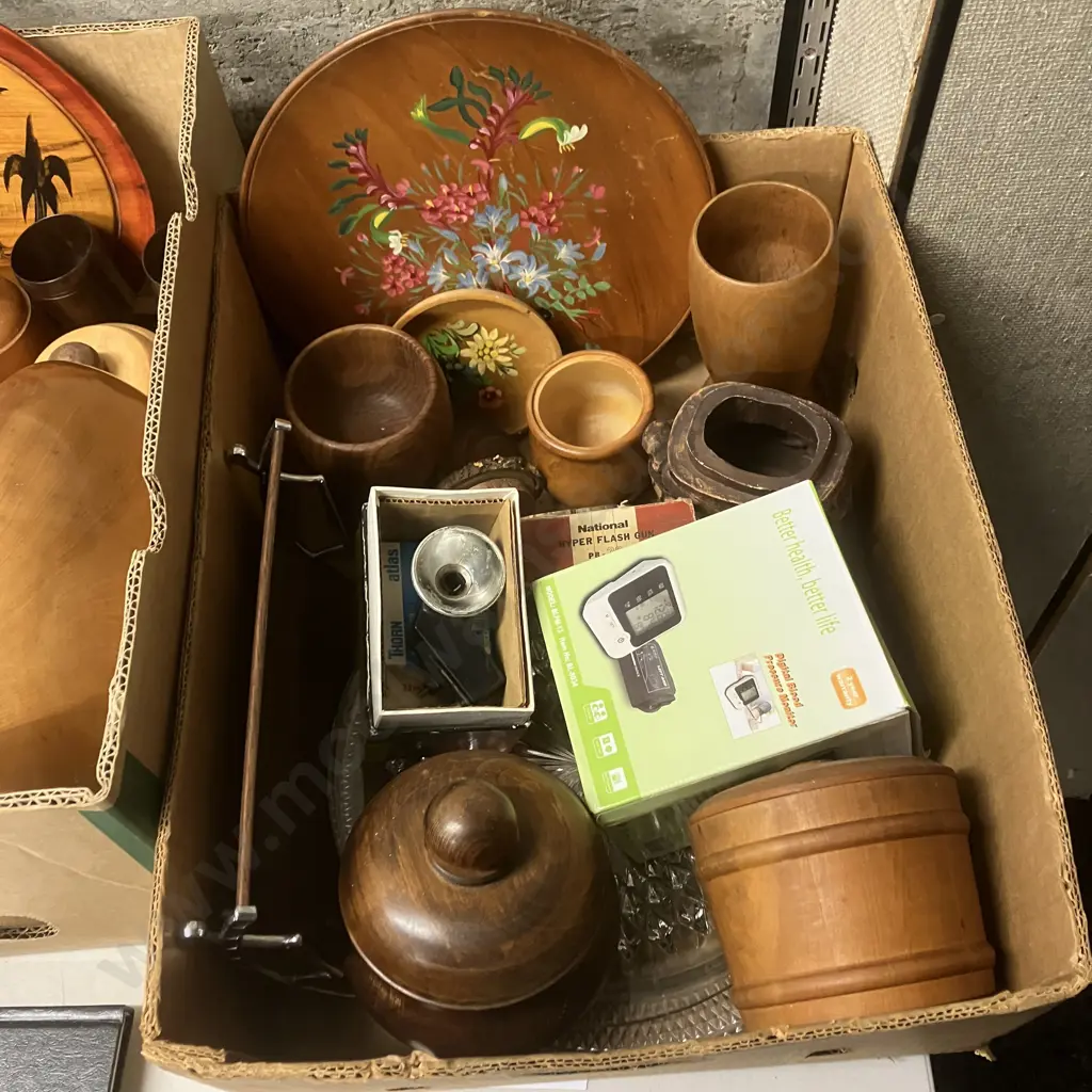 Assorted Wooden Ware, Glass Items, Lidded Canisters, Flash, Blood Pressure Monitor Etc Image 1++