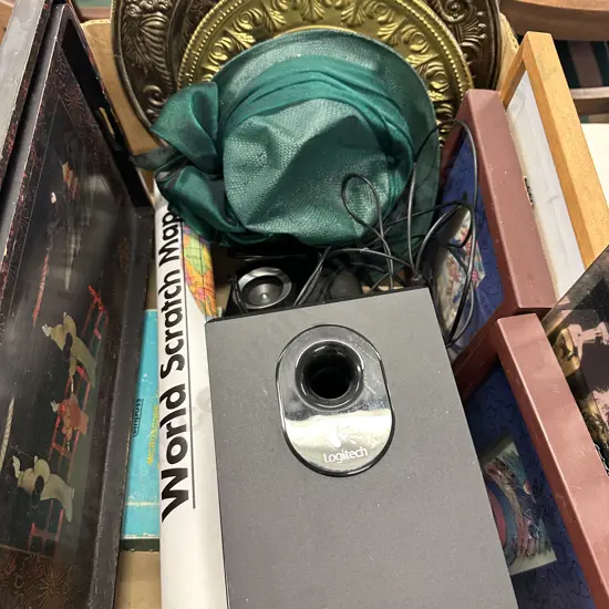 Box Lot Of Assorted Art Work, Wall Plaques, Logitech Etc