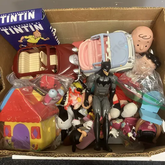 Box Lot Toys - TinTin DVD Set ( Disc Missing), Blues Clues, Peanuts, Sylvanian Familys Car Etc