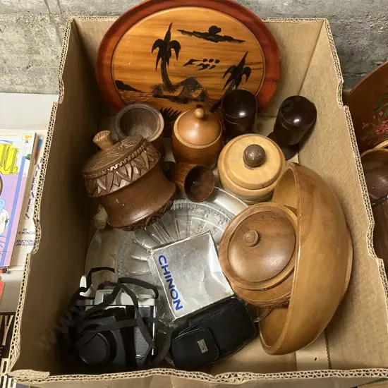 Assorted Wooden Ware, Glass Items, Lidded Canisters, Kodak Brownie Camera Etc