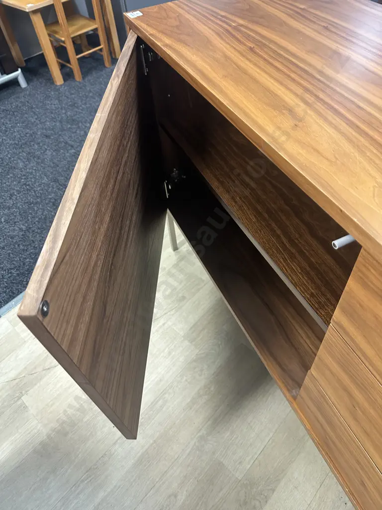 Mid Century Look Wood Effect Sideboard, Self Opening Drawers & Door, Polished Legs. H75 W140 D42cm Image 1++
